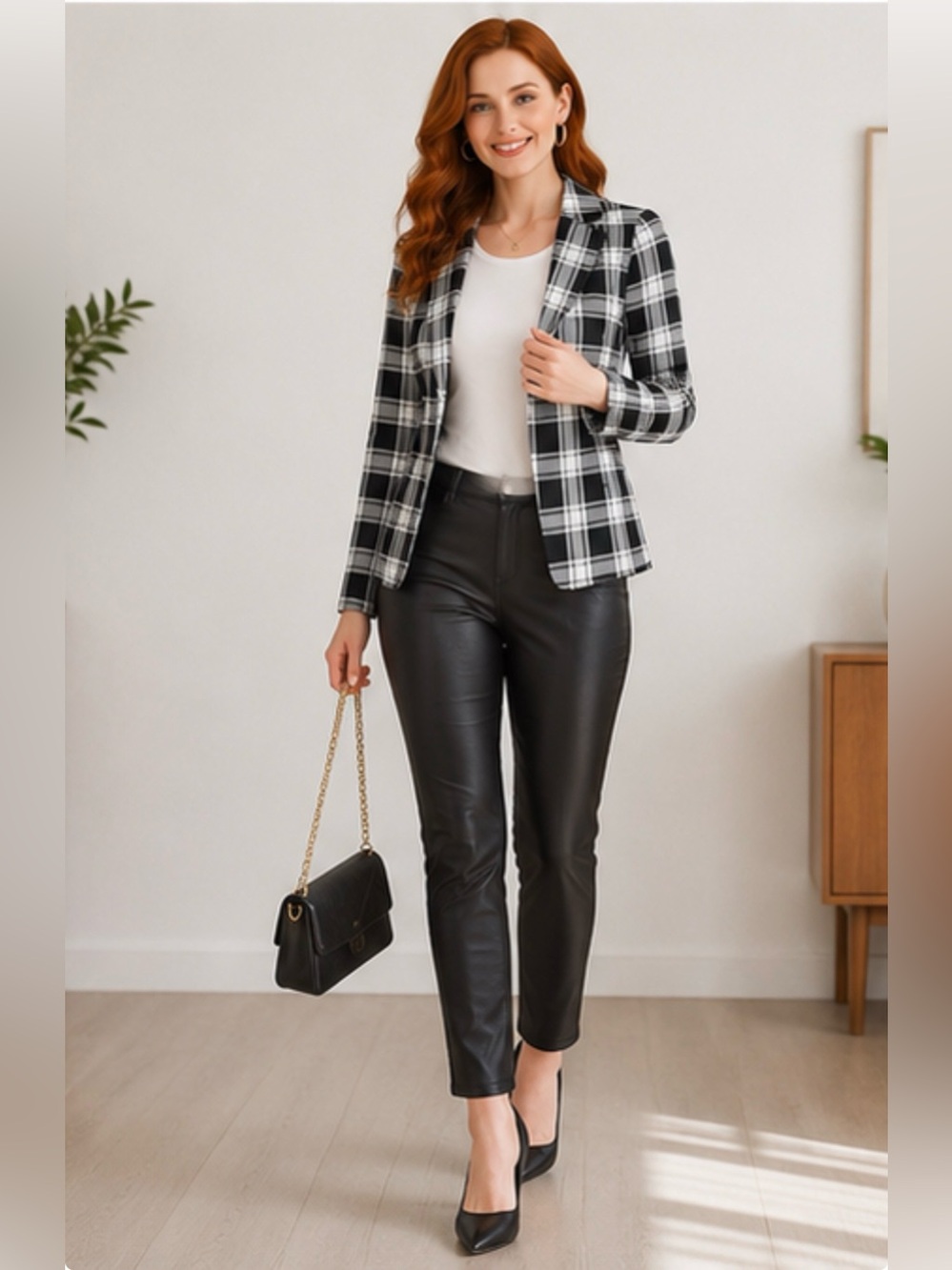 Allegra K Black & White Plaid Open Front Blazer Women’s Medium Career Office